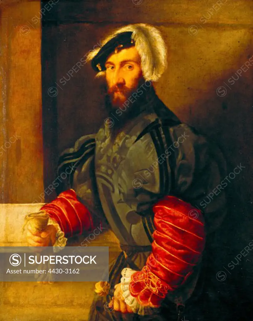 fine arts, Lotto, Lorenzo, 1480 - 1557, painting, ""Image of a nobleman"", circa 1530, oil on canvas, 96,5 cm x 77,5 cm, state museum, Kassel, Germany, Europe, fine arts, renaissance, 16th century, glove, hat,