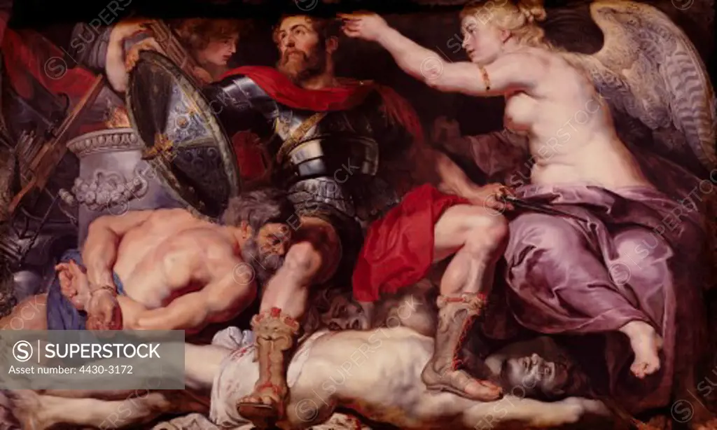 fine arts, Rubens, Peter Paul 28.6.1577 - 30.5.1640, painting, ""The triumph of victory"", circa 1614, oil on oak panel, 161 cm x 236 cm, state museum, Kassel, Germany, Europe, fine arts, baroque, 17th century, allegory, ancient world, victor, wreath, submission, armour,