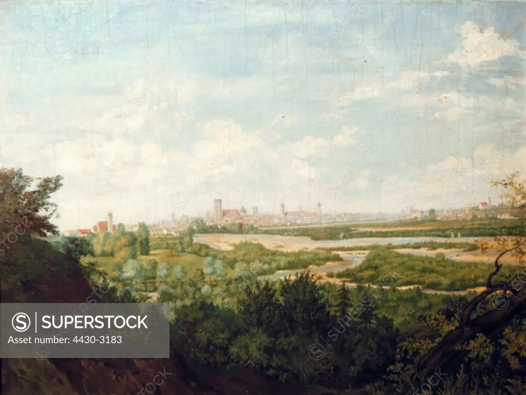 fine arts, Mitterer, Hermann Josef (1764 - 1829), ""M™nchen von S™dwesten"", painting, 1812, oil on canvas, 42x51,7 cm, Stadtmuseum Munich,