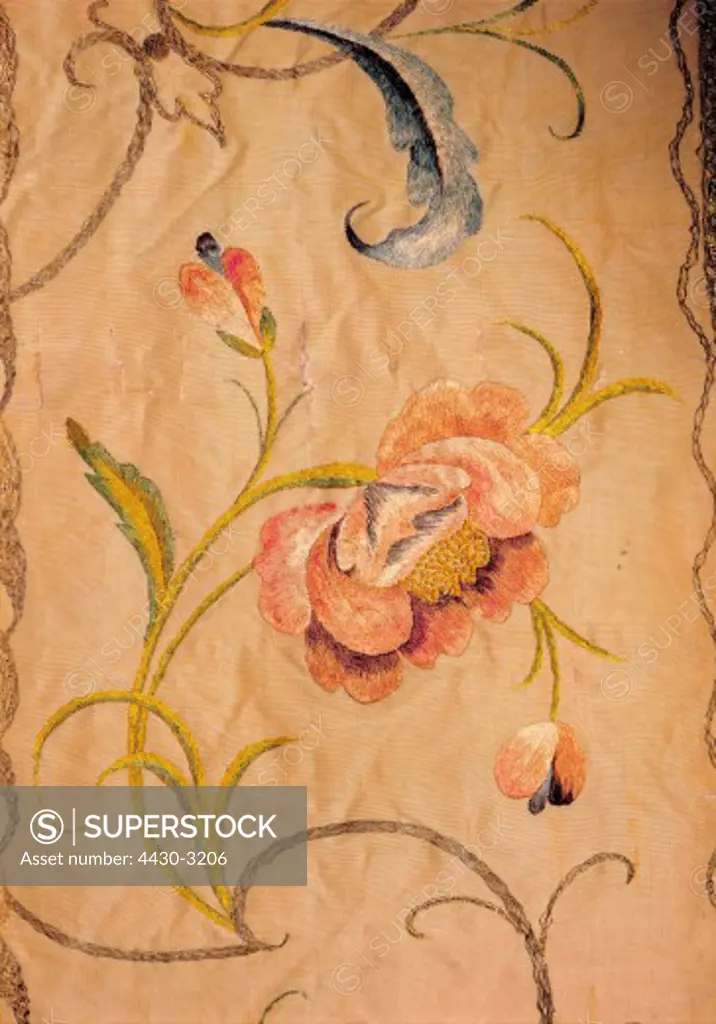 fine arts, cloth, embroidery, pink blossom, detail of a chasuble, France, 1780 - 1800, Lehmann collection, Esens,