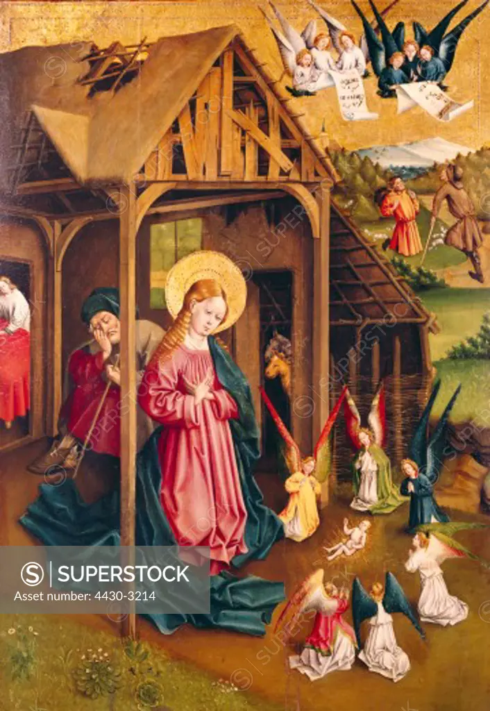 fine arts, Koerbecke, Jan, (1410 - 1491), painting, birth of Christ, 1457, Germanic National museum, Nuremberg, Germany, Europe, religion, christianity, religious art, middle ages, gothic, 15th century, Saint Mary, praying, angels, Jesus Christ, child,