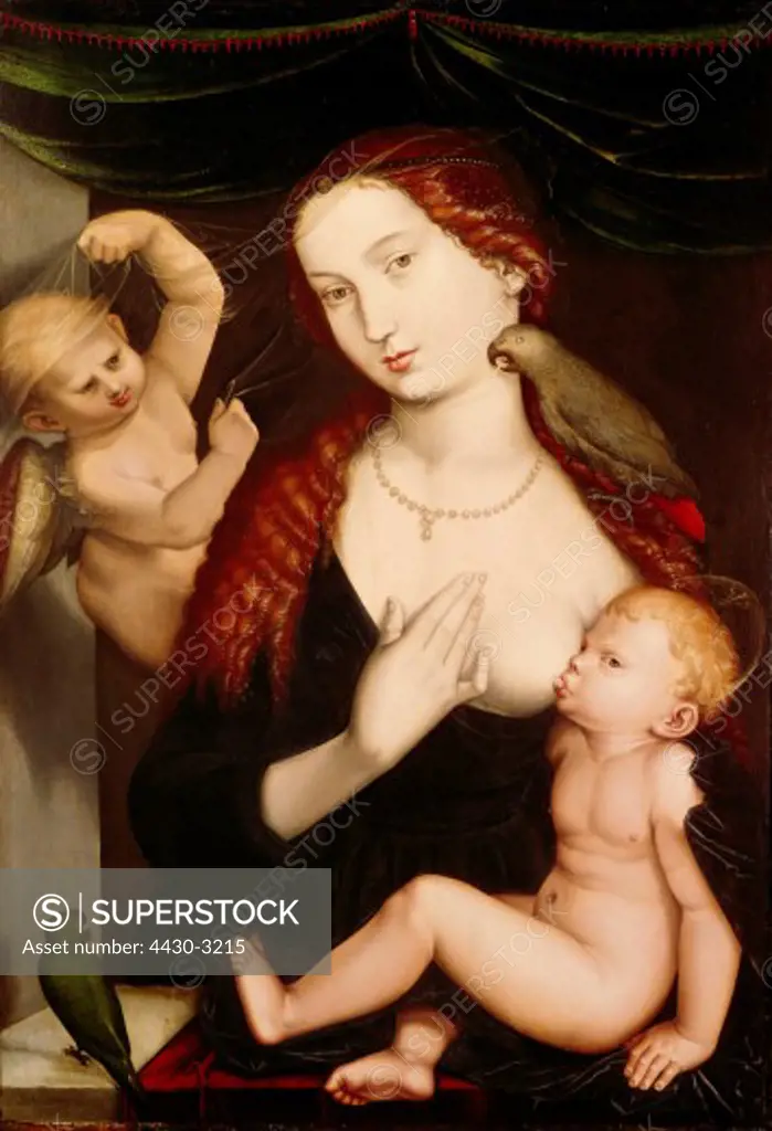 fine arts, Baldung, Hans, called Grien, (1484 / 1485 - 1545), painting, ""Die Madonna mit den Papageien"" (The Madonna with the parrots), circa 1527 / 1528, 91,5 cm x 63,4 cm, Germanic National Museum, Nuremberg, Germany,