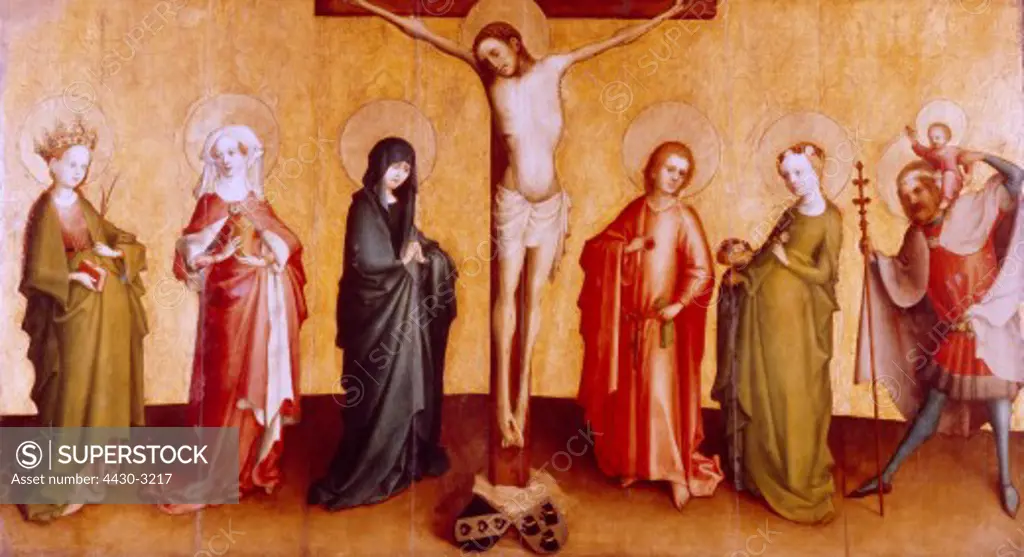 fine arts, Lochner, Stefan, (circa 1410 - 1451), painting, crucifixion of Christ, circa 1445, Germanic National museum, Nuremberg, Germany, Europe, religion, christianity, religious art, 15th century, middle ages, gothic, Jesus, Saint Mary, John, Christopher,