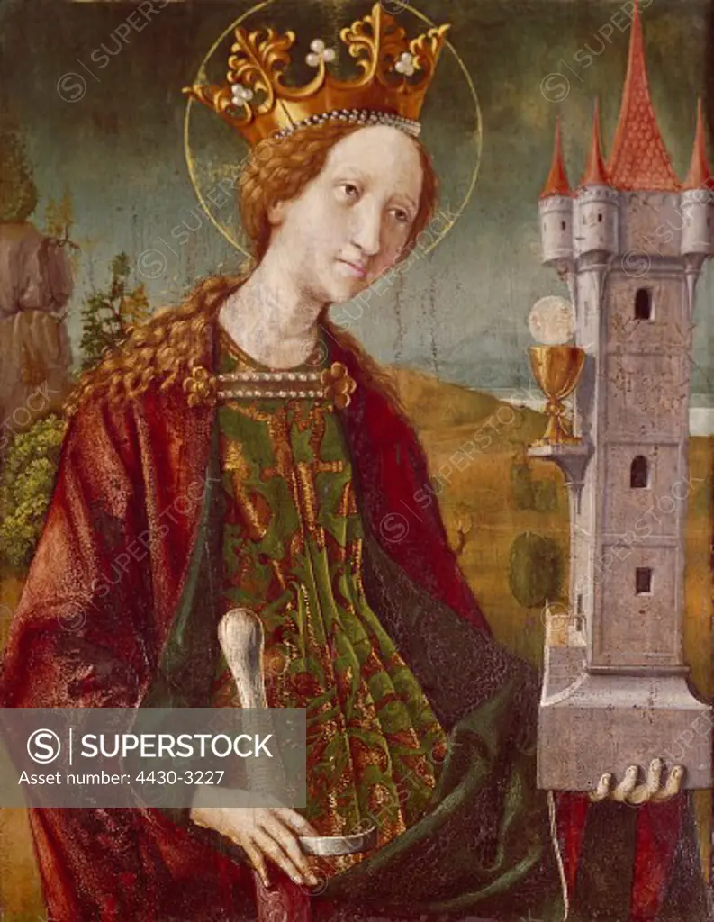 fine arts, Pacher, Michael, (circa 1435 - 1498), painting, Saint Barbara, 15th century, Tyrolian state museum, Innsbruck, Austria, Europe, religion, christianity, religious art, middle ages, gothic, holding, tower,