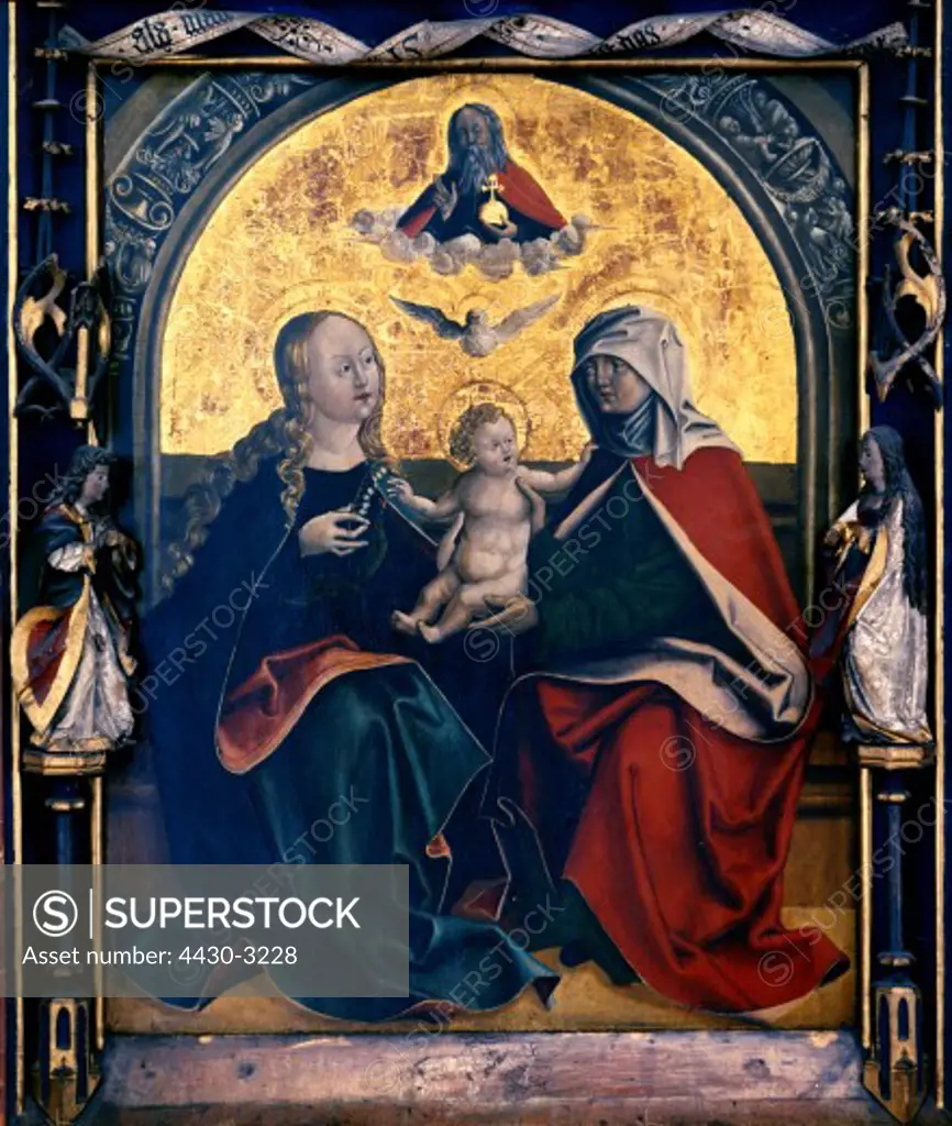 fine arts, Haller, Andreas, painting, Saint Anna, Saint Mary and infant Jesus, 15th century, Tyrolian state museum, Innsbruck, Austria, Europe, religion, christianity, religious art, middle ages, gothic, Christ, child, God the Father, Holy Ghost, dove,
