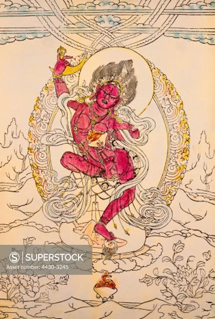 fine arts, Tibet, graphic, goddess Dorje Pa Mo, coloured woodcut, 19th/20th century, private collection,