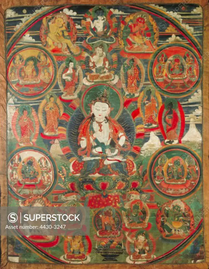 fine arts, Tibet, painting, Tangkha, peaceful gods, silk, 18th century, Ethnological Collection, Zuerich University,