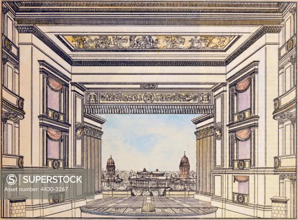 fine arts, Schinkel, Karl Friedrich (1781 - 1841), ideal stage design, Berlin, Germany, lithograph, coloured, 19th century, private collection,