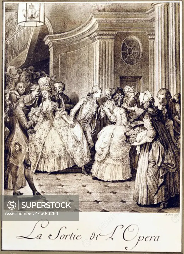 fine arts, Moreau, Jean-Michel (1741 - 1814), copper engraving ""La Sortie de`l Opera"" (Leaving the opera house), from the series ""Les Plaisirs"" (The enjoyments), France, circa 1770, private collection,