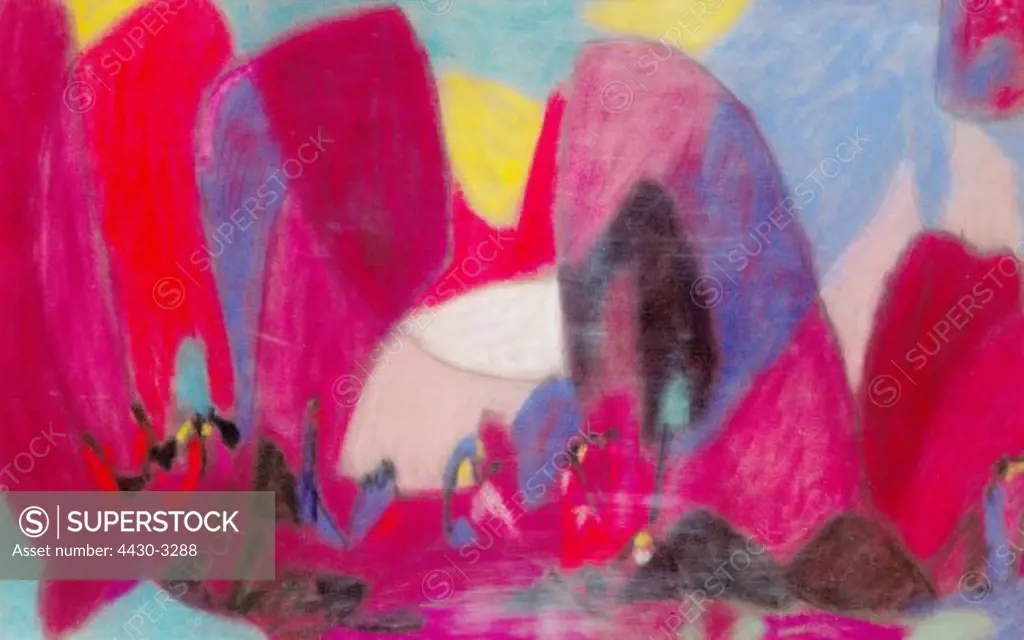 fine arts, H_lzel, Adolf, (1853 - 1934), painting, ""Abstrakte Landschaft mit violetten Felsen"", ""abstract landscape with purple rocks"", East German gallery, Regensburg, Europe, Austria, 20th century, conceptional, abstraction, Hoelzel, Holzel,