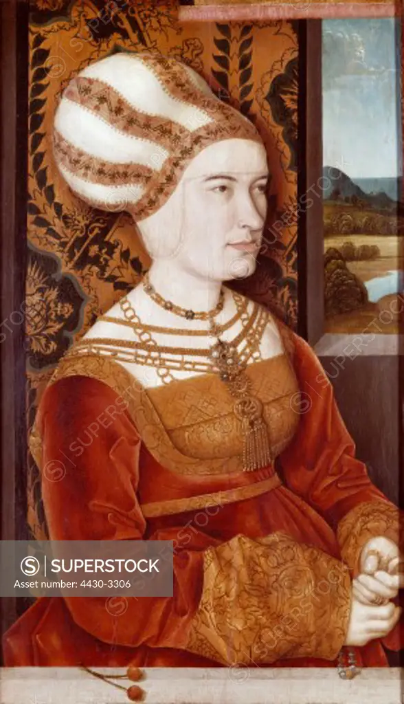 fine arts, Strigel, Bernhard (circa 1460 - 1528), painting, ""Portrait of Sybilla von Freyberg born Gossenbrot"", oil on panel, 61 cm x 35.8 cm, 1520, Old Pinakothek, Munich, Germany,