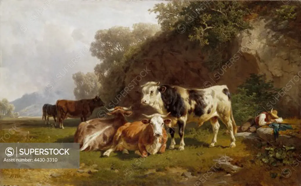 fine arts, Voltz, Friedrich, painting, ""Kuehe auf der Weide"" (Cows on a Meadow), 1882, Heseler Gallery, Munich, Germany,