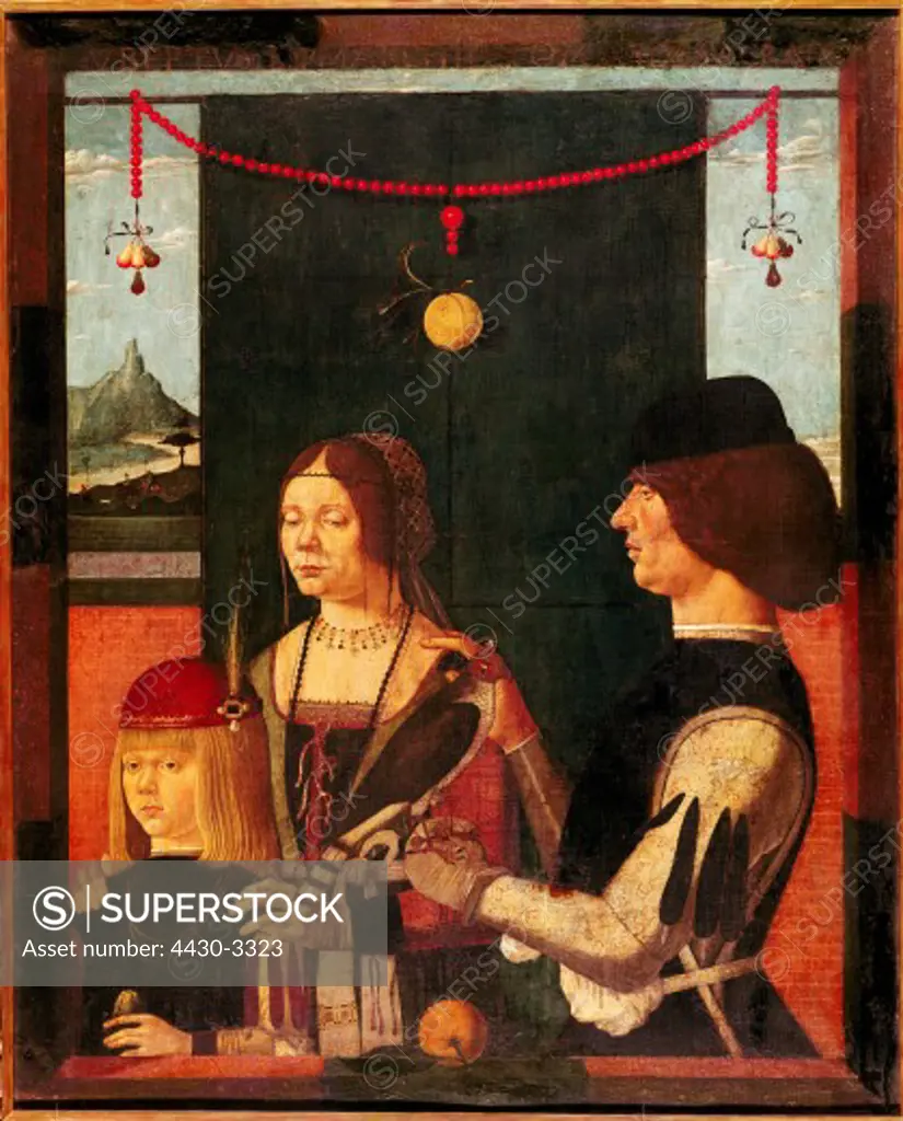 fine arts, Estense, Baldassare (1443 - 1504), painting, ""Family Portrait"", circa 1480, tempera on panel, 112.3 cm x 90.8 cm, Alte Pinakothek, Munich, Germany,