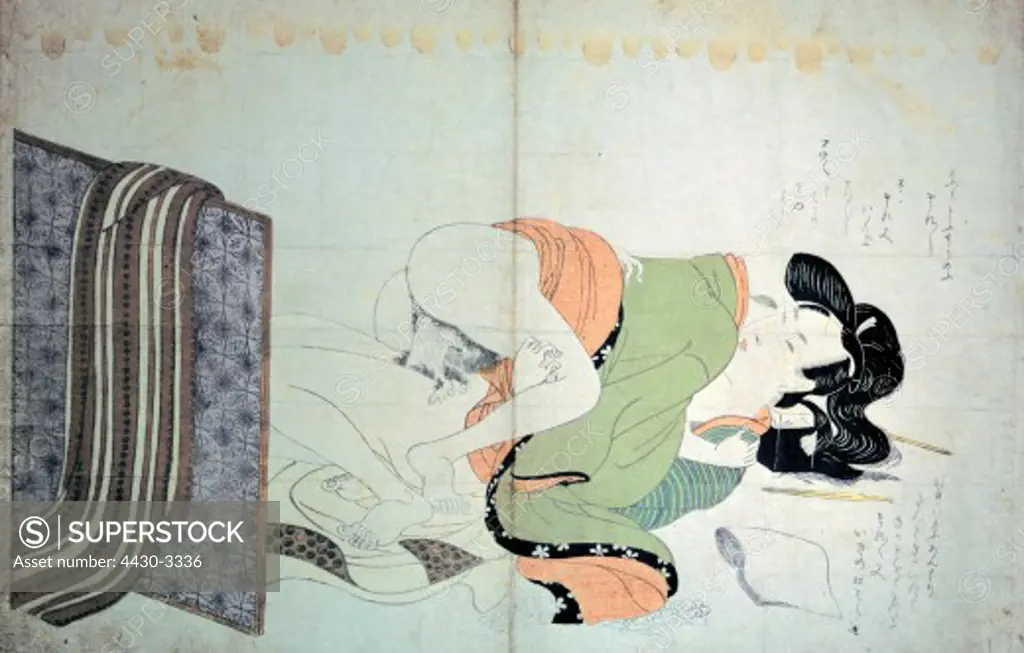 fine arts, Hokusai, Katsushika (1760 - 1849), graphic, courtesan with lover, colour woodcut, circa 1810, private collection,