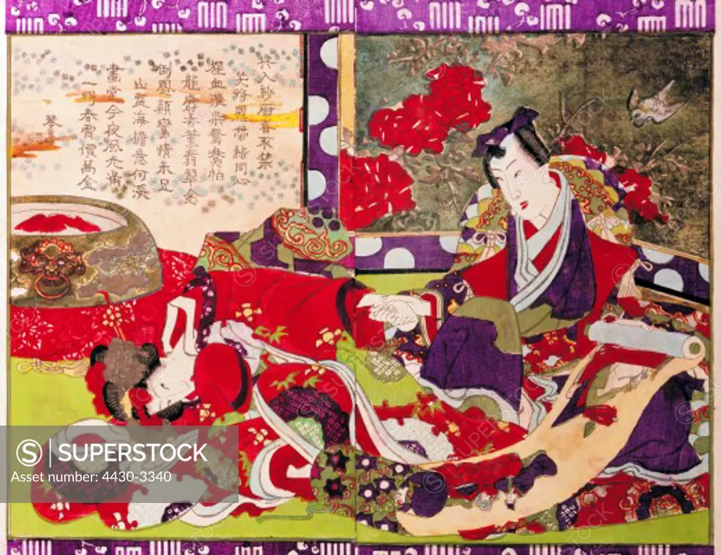 fine arts, Japan, graphic, the sedution, colour woodcut, student of Utagawa Kunisada, circa 18700, private collection,