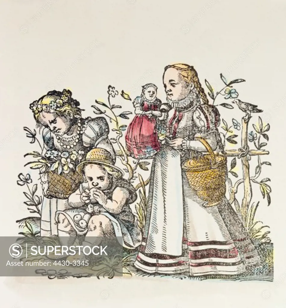 fine arts, graphic, three girls, woodcut, coloured, by Jost Amman (1539 - 1591), from ""Kunnst- und Lehrbuechlein fuer die anfahenden Jungen, daraus reissen und malen zu lernen"" (art and schoolbook for boys who are learning how to draw and paint), Frankfurt on the Main, Germany, 1580, private collection,