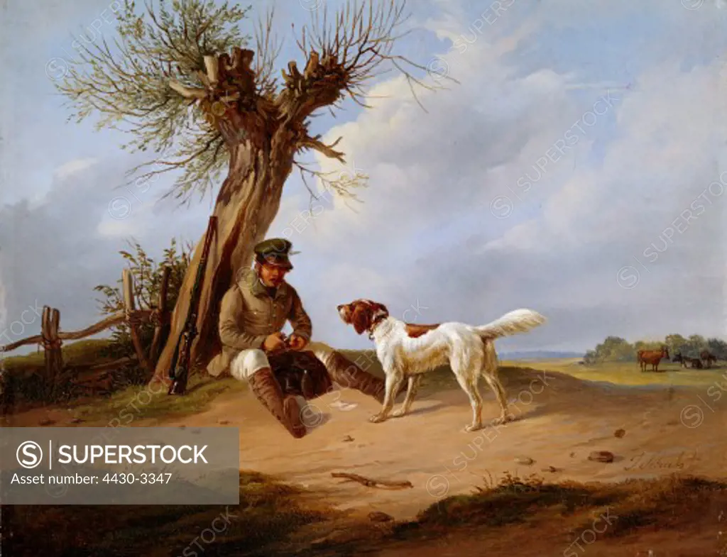 fine arts, Schulz, painting, ""the hunter and his dog"", 19th century, private property, Munich, Germany, hunt, hound, sitting, tree, stumpf, rifle, cutting, reward, faithfulness, loyalty,