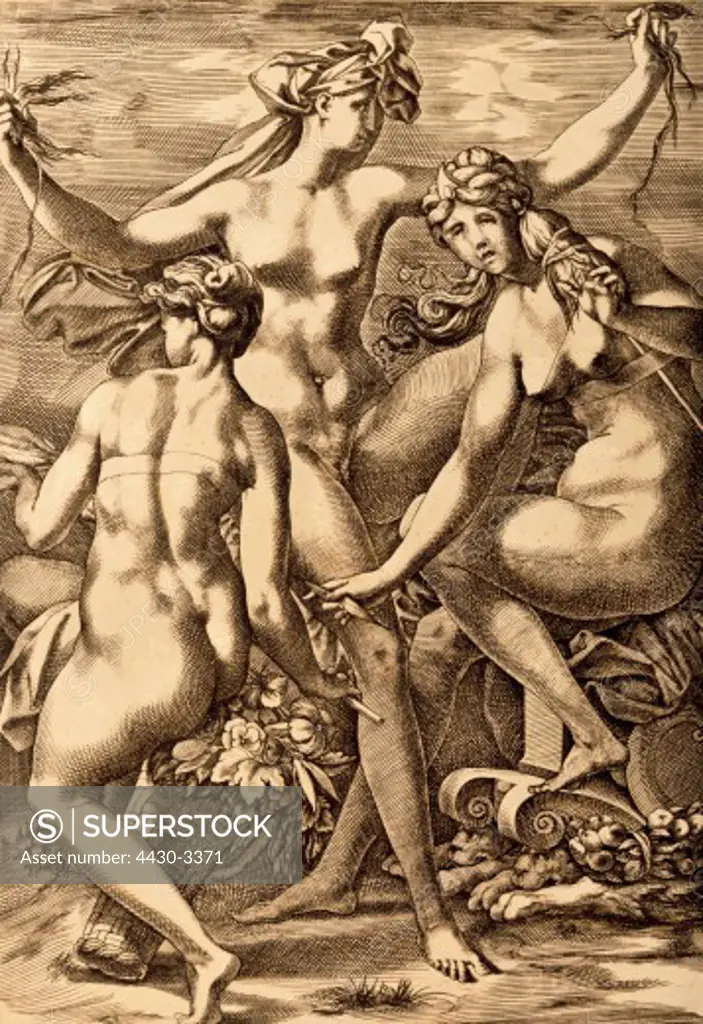 fine arts, Mannerism, etching, ""The three Parcae"", by Pietro da Milano (active at Fontainebleau, France, 1547 - 1552), 24.2 cm x 16.5 cm, private collection,