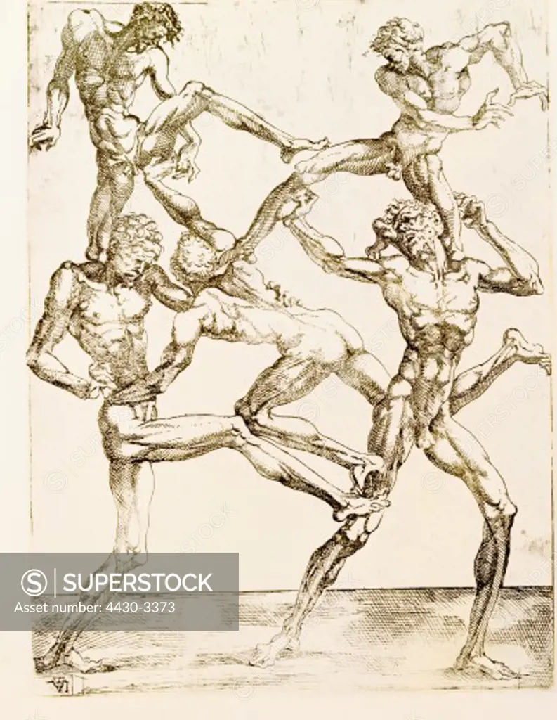 fine arts, Mannerism, human pyramid of five men, etching, by Juste de Juste (1505 - 1559), Fontainebleau, France, circa 1543, 26.8 cm x 20.5 cm, private collection,