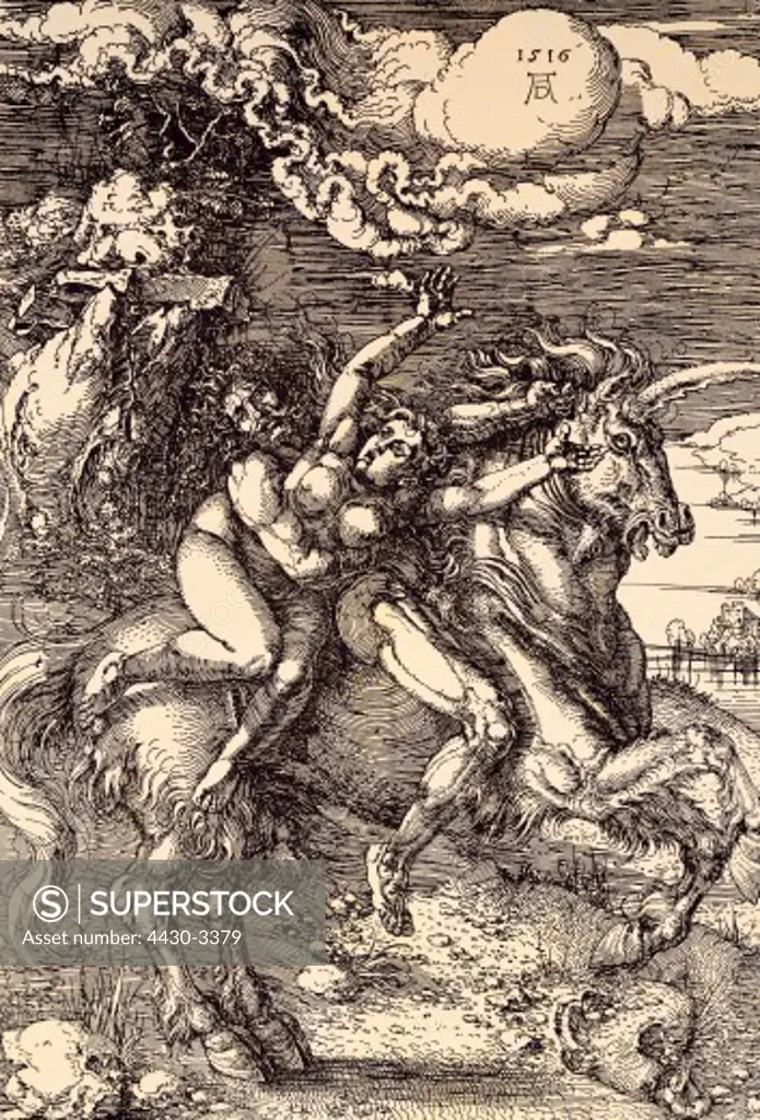 fine arts, Durer, Albrecht (1471 - 1528), etching, ""Die Entf™hrung auf dem Einhorn"" (Abduction on a unicorn), 1516, 33.5 cm x 25.4 cm, private collection,