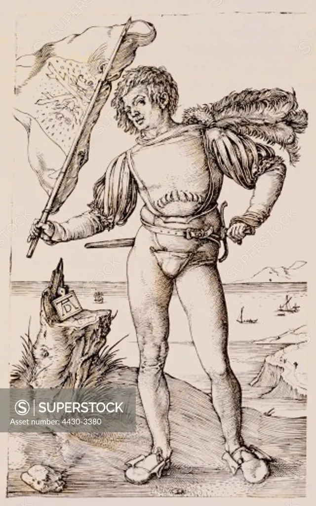 fine arts, Durer, Albrecht (1471 - 1528), copper engraving, ""Der Fahnentraeger"" (The standard bearer), 1502, 11.7 cm x 7.3 cm, private collection,