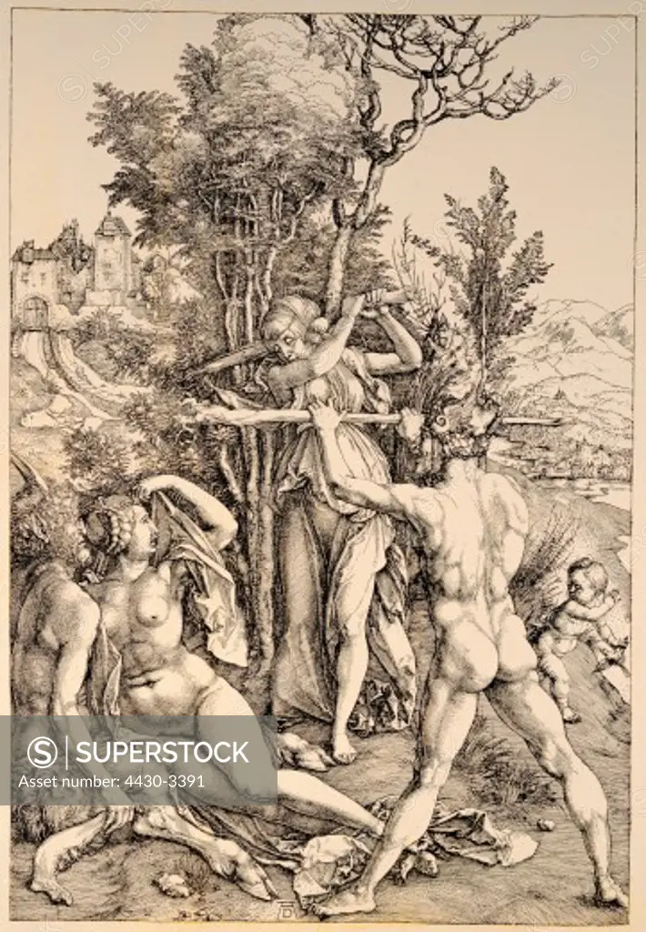 fine arts, Durer, Albrecht (1471 - 1528), copper engraving, ""Die Entscheidung des Herakles"" (Heracles`s decision), 1498, 22 cm x 33 cm, private collection,