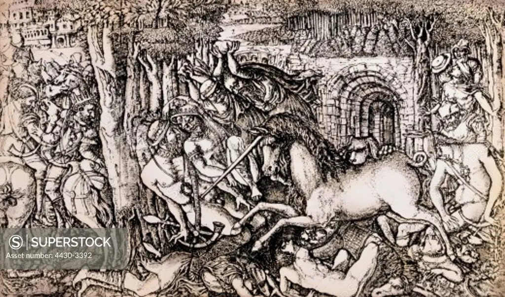 fine arts, Duvet, Jean (1485 - circa 1570), copper engraving, ""La chasse royale attaqu_e par la licorne"" (The royal hunting party being attacked by the unicorn), private collection, 16th century, engravings, graphic, graphics, France,
