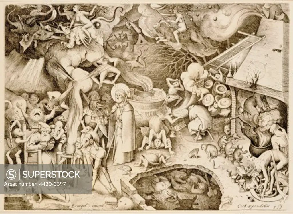 fine arts, Bruegel, Pieter the Elder (circa 1525 - 1569), ""Saint Jacob with the Magician Hermogenes and the Departure of the Witches for Walpurgis Night"", copper engraving by Hieronymus Cock (circa 1510 - 1570), 1565, 21.2 cm x 29.2 cm, private collection,