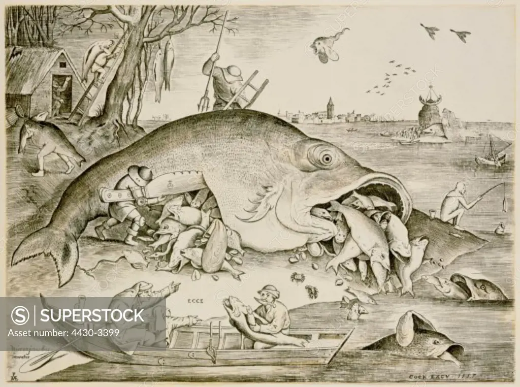 fine arts, Bruegel, Pieter the Elder (circa 1525 - 1569), ""Big Fish Eat Little Fish"", based on Hieronymus Bosch (circa 1450 - 1516), copper engraving by Hieronymus Cock (circa 1510 - 1570), 1557, 21.1 cm x 30 cm, private collection,