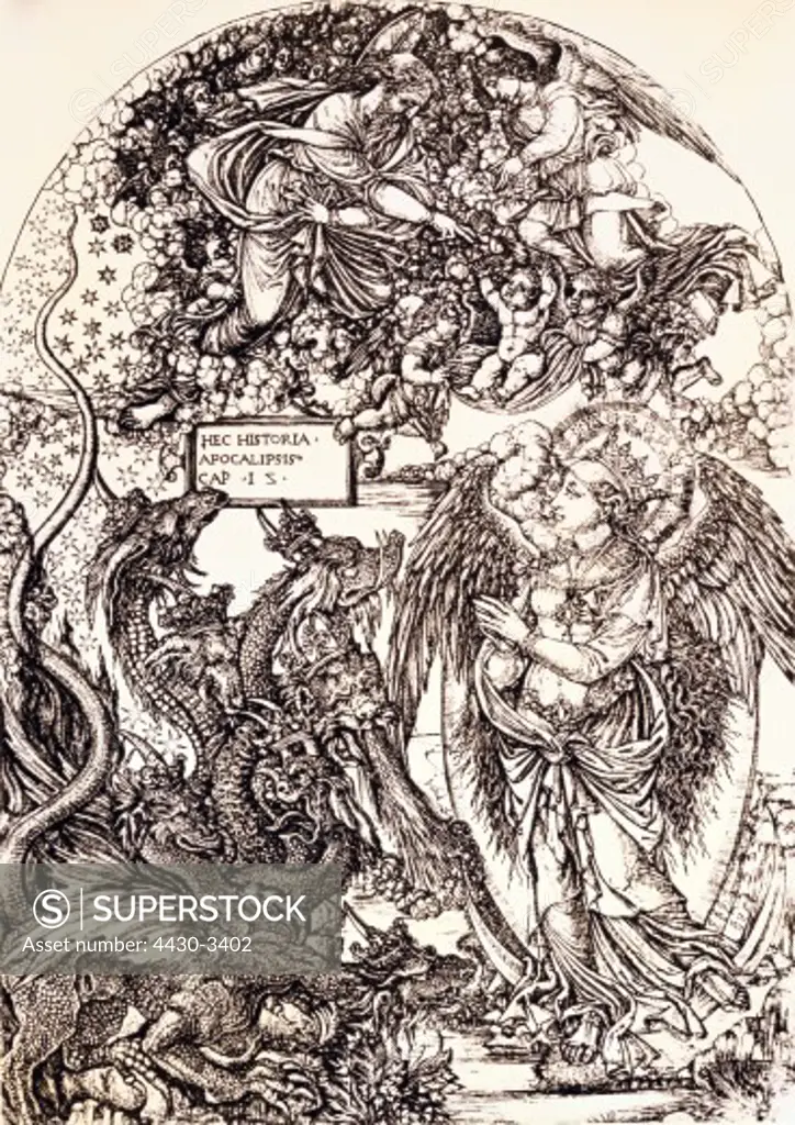 fine arts, Duvet, Jean (1485 - circa 1570), copper engraving, ""The Woman and the Seven-Headed Dragon"", from the series ""Apocalypse"", Lyon, France, 1561, Bibliotheque Nationale, Paris,