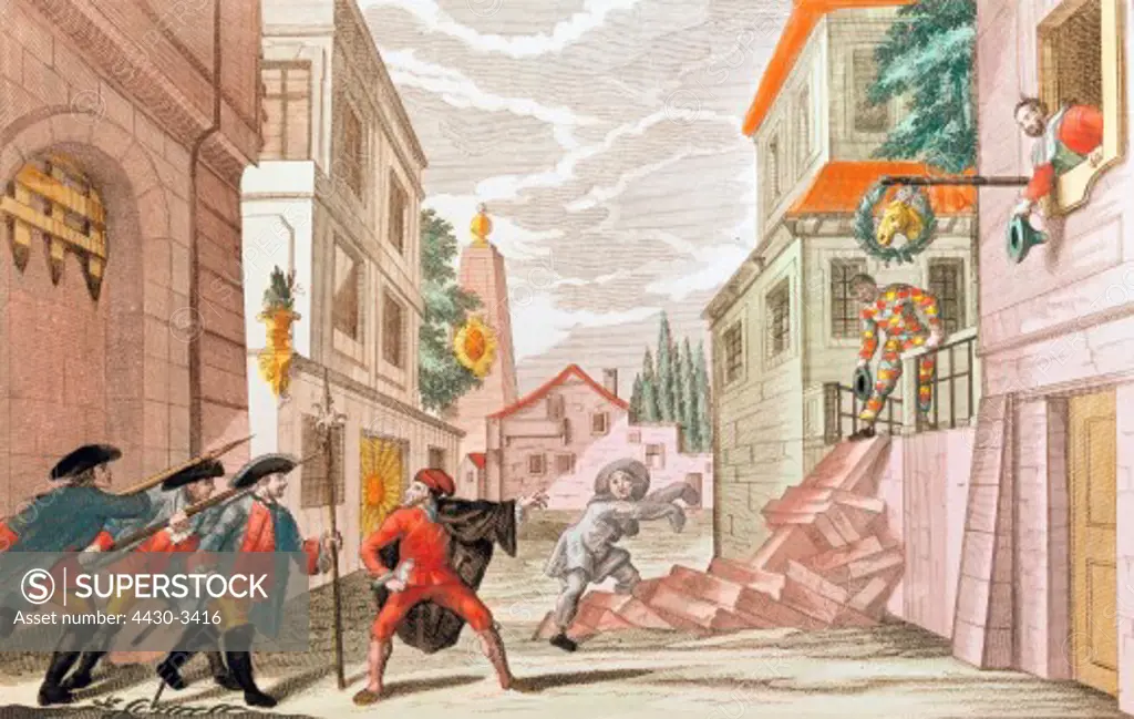 fine arts, graphic, scene from a Commedia dell`Arte, copper engraving, coloured, by Philipp Andreas Degmair (1711 - 1771), 39 cm x 25.5 cm, Germany, mid 18th century, based on a painting by Mathias Siller, Salzburg, Munich puppet theatre collection,