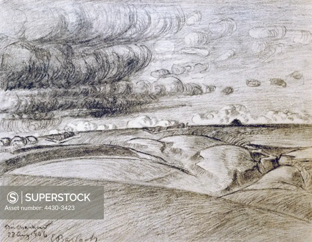 fine arts, Barlach, Ernst (1870 - 1938), graphic, ""Wolken ™ber der Steppe"" (Clouds over the steppe), charcoal drawing, 27.4 cm x 34.6 cm, 1906, Kunsthalle Kiel,