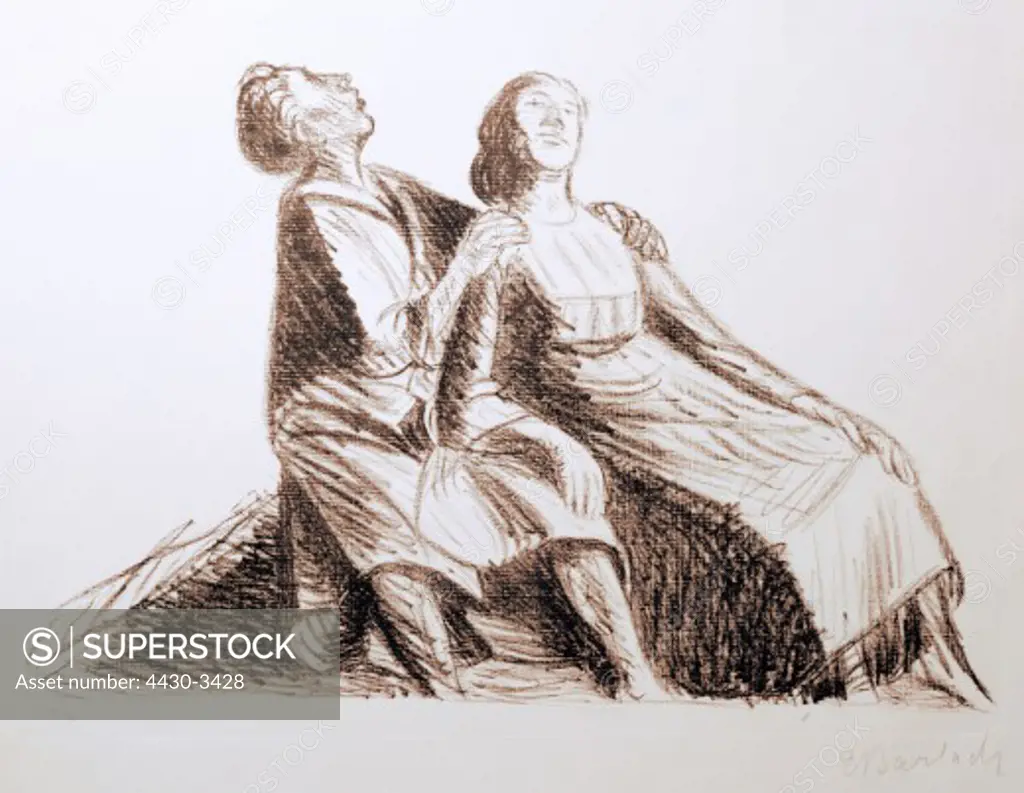 fine arts, Barlach, Ernst (1870 - 1938), graphic, ""Liebespaar"" (Lovers), lithograph, 30 cm x 40 cm, Germany, 1916 / 1917, Kunsthalle Kiel,