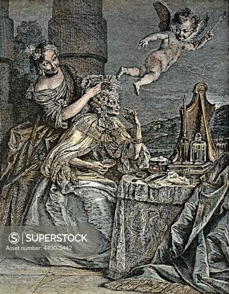 fine arts, Coypel, Charles-Antoine (1694 - 1752), ""Foolery and withered old age"", engraving, based on a pastel by Coypel, circa 1745, private collection,