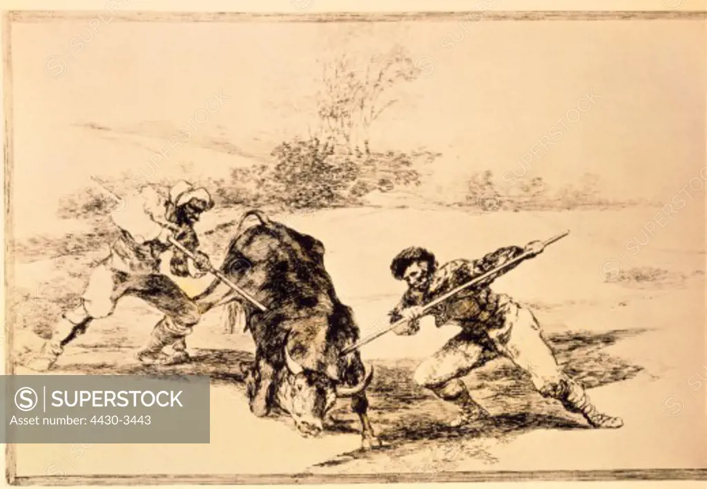 fine arts, Goya y Lucientes, Francisco de (1746 - 1828), graphic, ""Another way of hunting on foot"", from ""Tauromachia"" (Bullfighting), 1816, private collection,