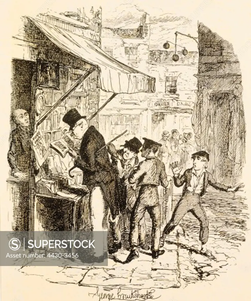 fine arts, Cruikshank, George (1792 - 1878), graphic, etching, ""The Artful Dodger Teaches Oliver Twist to Pickpocket from the Rich"", illustration for ""Oliver Twist"", by Charles Dickens (1812-1870), Great Britain, 1839, private collection,