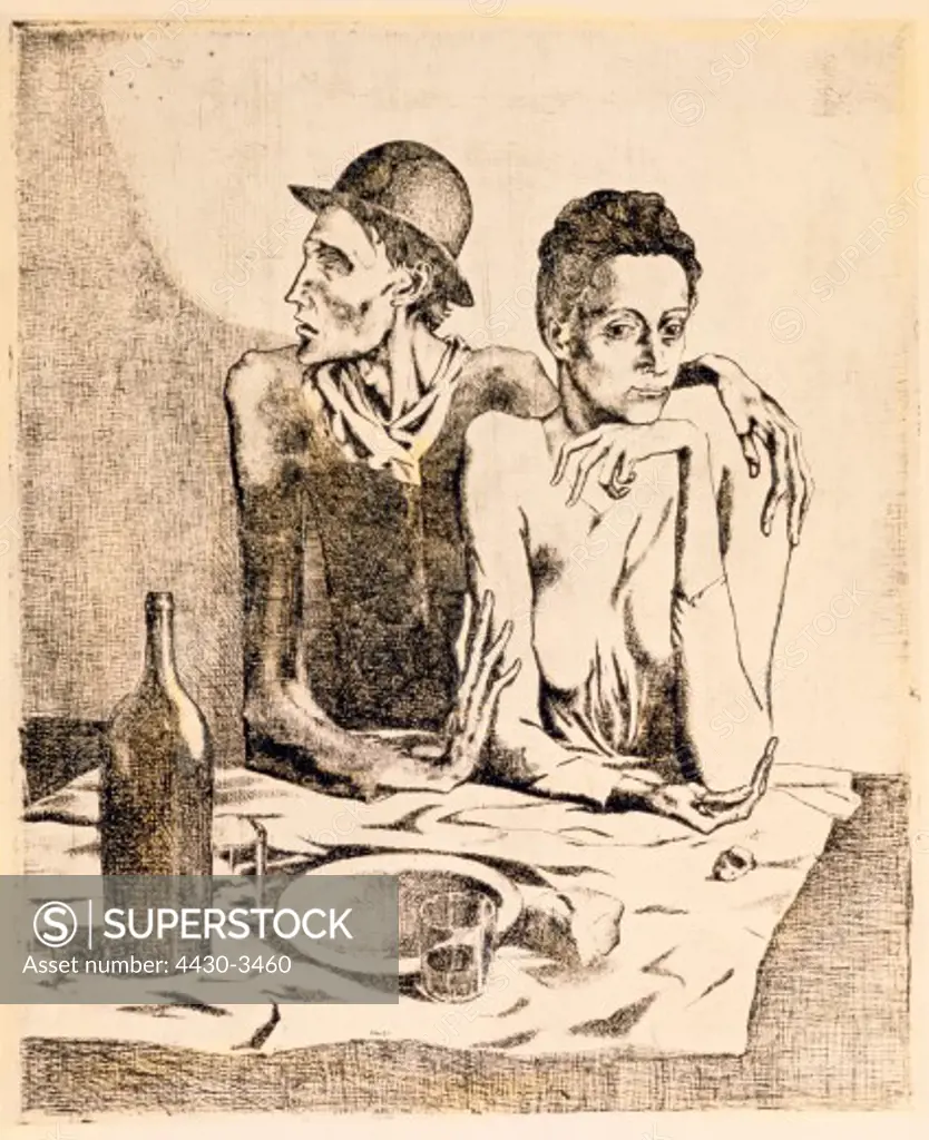 fine arts, Picasso, Pablo, (1881 - 1973), etching, ""Le repas frugal"" (The frugal meal), from the series ""Les Saltimbanques"" (The jugglers), 1904, private collection, ARTIST'S COPYRIGHT MUST ALSO BE CLEARED,