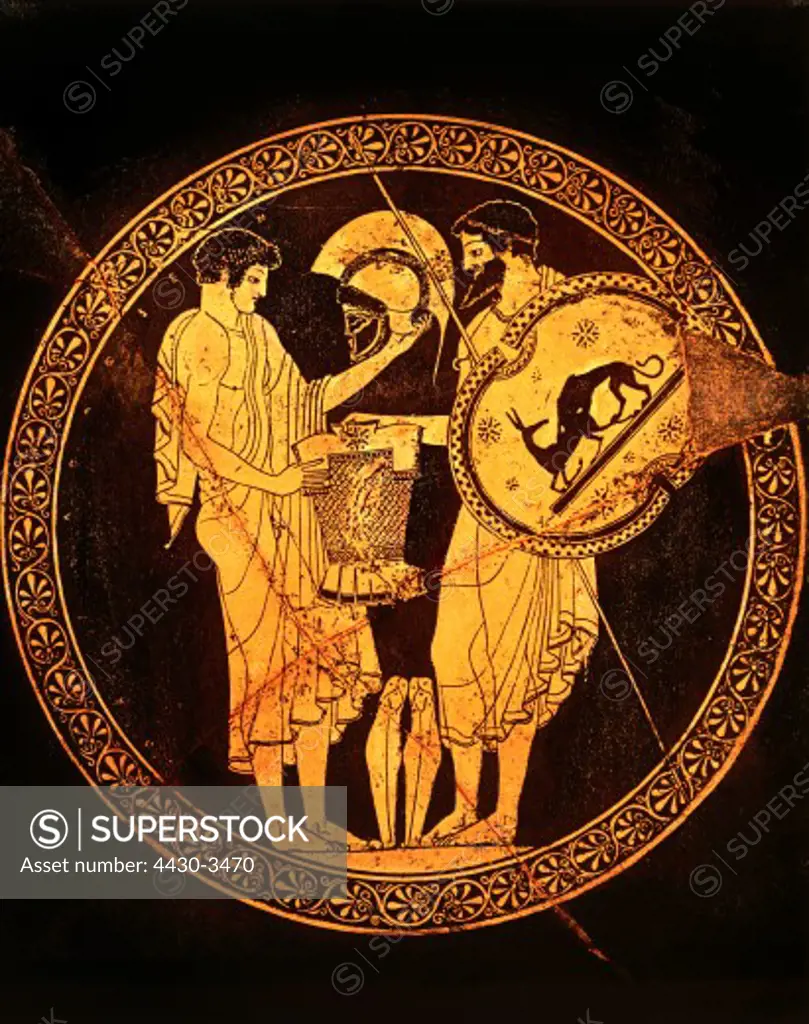 fine arts, ancient world, Greece, painting, Neoptolemos receiving the armour of his father Achill from Ulysses, red-figured drinking cup of Duris, circa 490 BC, Kunsthistorisches Museum Vienna, Illiad, Greek, Trojan War, hoplite, weapons, ceramic, pottery, shield, Helmet,