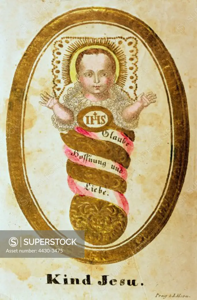fine arts, religious art, devotional picture, ""Jesus child"", lithograph, printed by J. Hora, Prague, circa 1840, private collection,