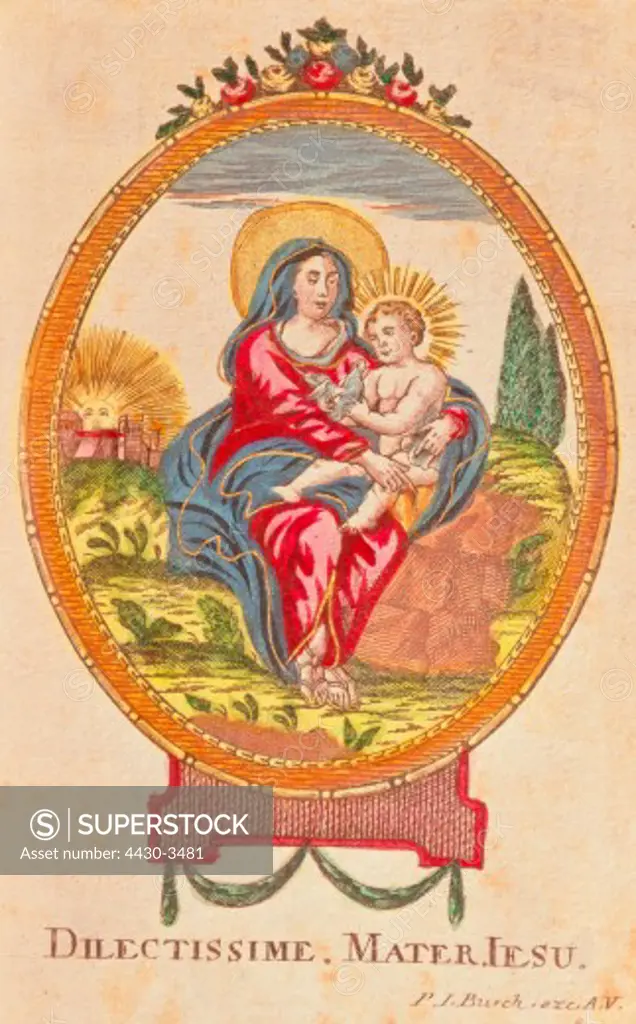 fine arts, religious art, devotional picture, ""Dilectissime Mater Jesu"", painted copper engraving, printed by P. J. Busch, circa 1800, private collection,