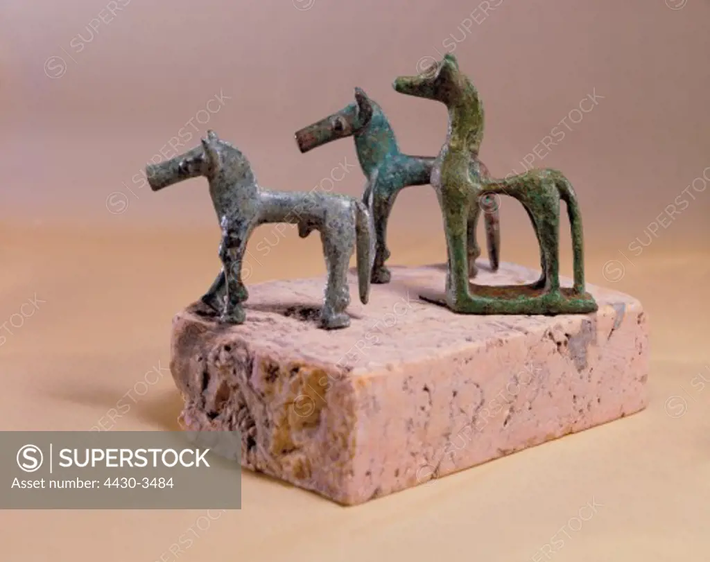fine arts, ancient world, Greece, sculpture, three horses, bronze, 740 - 720 BC, Badisches Landesmuseum, Karlsuhe,