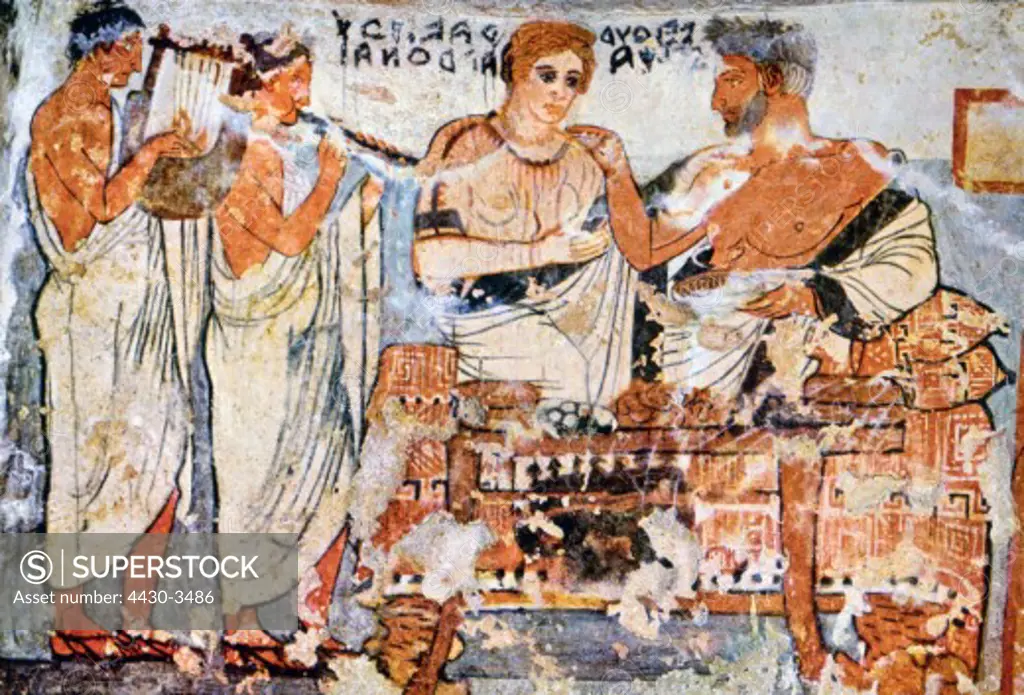 fine arts, ancient world, Etruscans, painting, Velthur Velcha and his wife having a feast, Tomba degli Scudi, Tarquinia, circa 350/325 BC,