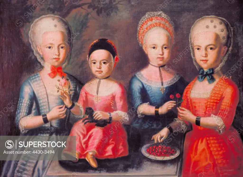 fine arts, Rococo, four of eight children of jugde Johann Michael Stroeber, unknown artist, painting, circa 1770/1780, oil on canvas, Bad Toelz Museum,