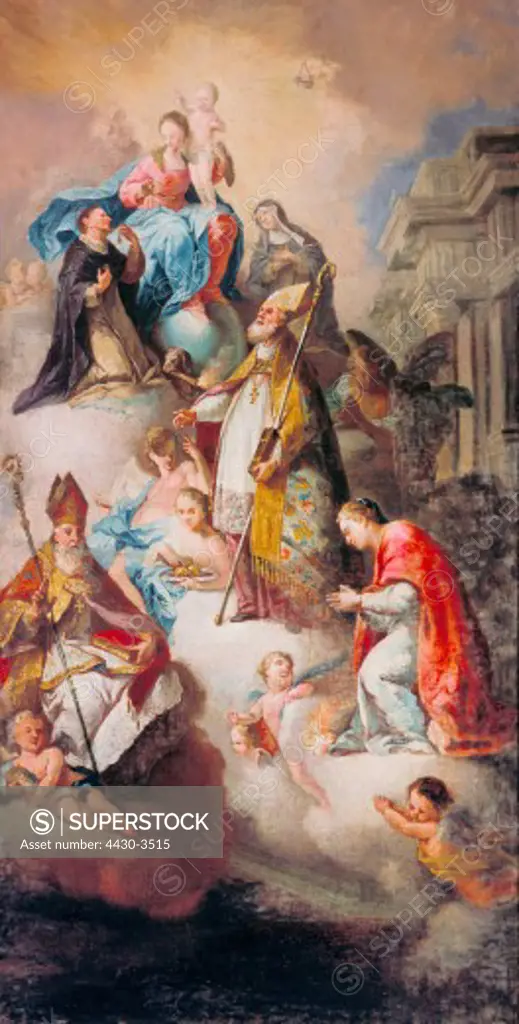 fine arts, Guenther, Matthaeus (1705 - 1788), The Bestowal of the Rosary, painting, scetch, 18th century, oil on canvas, Bavarian National Museum, Munich,