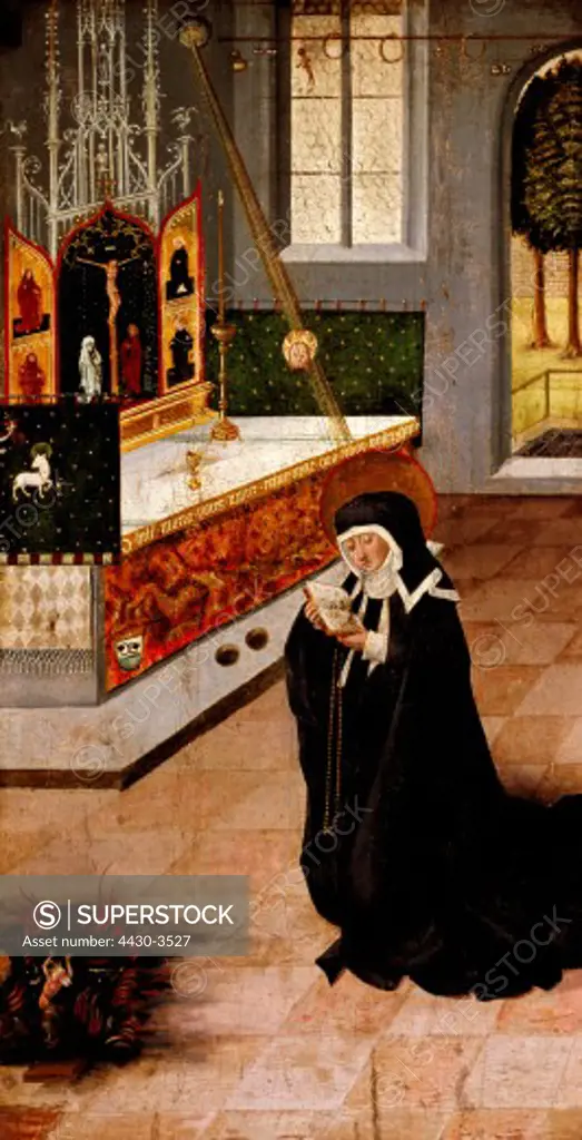 fine arts, Maelesskircher, Gabriel, (circa 1425 - 1495), painting ""Saint Odile praying for the soul of her father"", oil on wood, 78 x 41 cm, Munich, Germany, 1475,