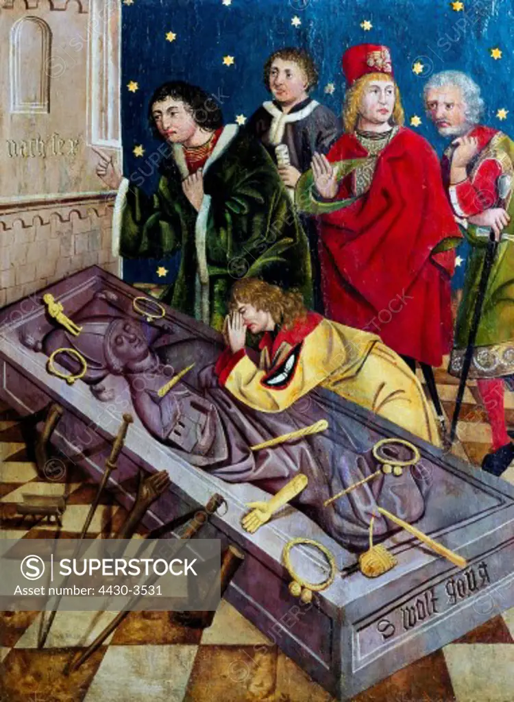 fine arts, Middle Ages, Germany, painting ""Pilgrims laying wax figures as votive deposits on the grave of Saint Wolfgang"", unknown artist, oil on wood, Southern Germany, circa 1480, altar panel painting, high altar, Saint Wolfgang Church, Pipping, Germany,