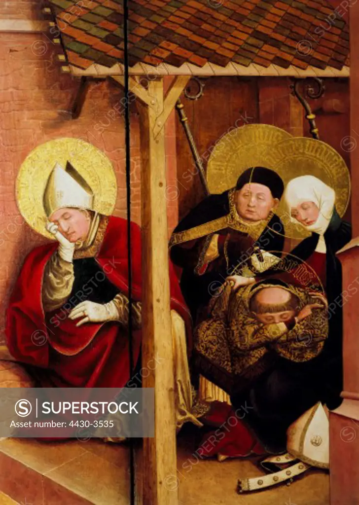 fine arts, Moser, Lucas, (circa 1390 - after 1434), painting ""The saints Sidonius, Maximus, Lazarus and Martha sleeping after their arrival in Marseille"", oil on wood, ""Magdalenenalter"" (Magdalene Altar), Tiefenbronn parish church, Germany 1431,