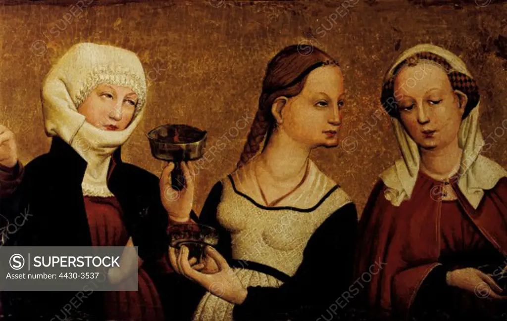 fine arts, Moser, Lucas, (circa 1390 - after 1434), painting, three wise virgins, detail from a painting on the ""Magdalenenalter"" (Magdalene Altar), predella, oil on wood, Germany, 1431, Tiefenbronn parish church,