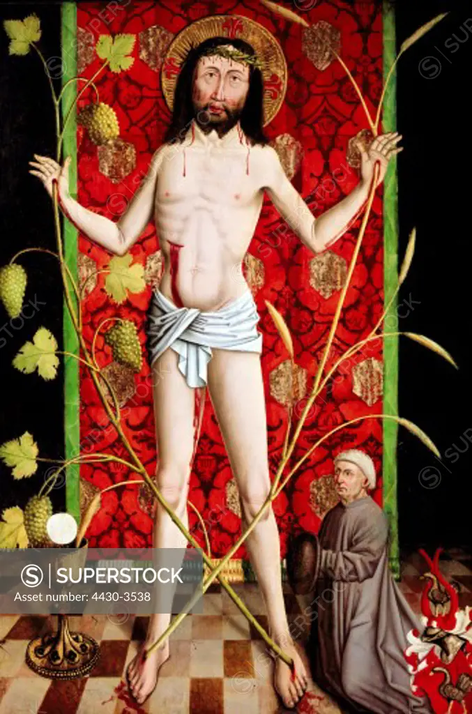 fine arts, Herlin, Friedrich, (um 1430 - um 1500), painting ""Christ as Man of Sorrows"", oil on wood, 156 x 106 cm, epitaph, Noerdlingen, Germany, 1469, Noerdlingen municipal museum,