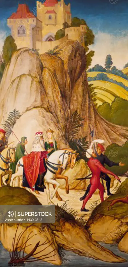 fine arts, Frueauf, Rueland the Elder, (circa 1445 - 1507), painting, ""Der Ausritt des Heiligen Leopold"" (Saint Leopold riding out), circa 1500, 76 x 39 cm, Klosterneuburg Monastery Museum,